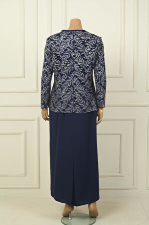 Yakası Boncuk Nakışlı Uzun Elbise Boncuk Pul Nakışlı Ceket Astarlı Büyük Beden 2'li Takım