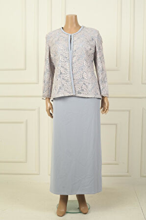 Yakası Boncuk Nakışlı Uzun Elbise Boncuk Pul Nakışlı Ceket Astarlı Büyük Beden 2'li Takım