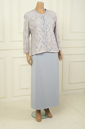 Yakası Boncuk Nakışlı Uzun Elbise Boncuk Pul Nakışlı Ceket Astarlı Büyük Beden 2'li Takım