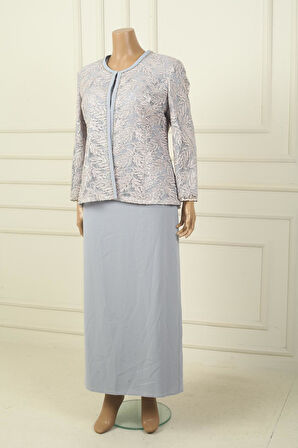 Yakası Boncuk Nakışlı Uzun Elbise Boncuk Pul Nakışlı Ceket Astarlı Büyük Beden 2'li Takım