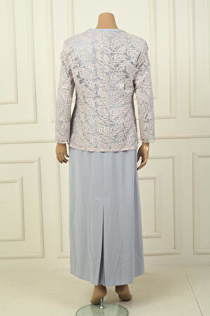 Yakası Boncuk Nakışlı Uzun Elbise Boncuk Pul Nakışlı Ceket Astarlı Büyük Beden 2'li Takım