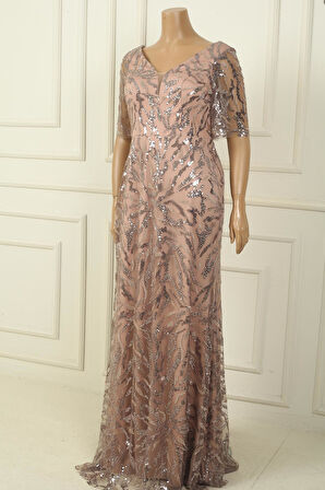 Kadın Ön Arka V Yaka Boncuk-Pul İşlemeli Astarlı Büyük Beden Elbise