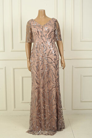 Kadın Ön Arka V Yaka Boncuk-Pul İşlemeli Astarlı Büyük Beden Elbise