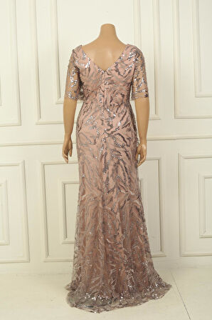 Kadın Ön Arka V Yaka Boncuk-Pul İşlemeli Astarlı Büyük Beden Elbise