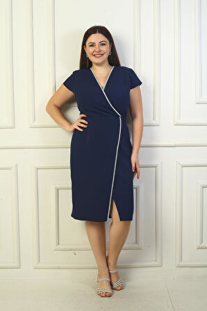 Kadın Kruvaze Yaka Yarım Ay Kollu Taş Detaylı Önü Yırtmaçlı B.B. Elbise