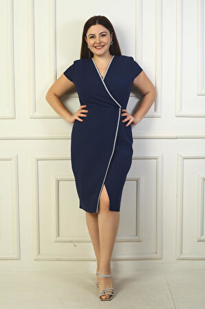 Kadın Kruvaze Yaka Yarım Ay Kollu Taş Detaylı Önü Yırtmaçlı B.B. Elbise