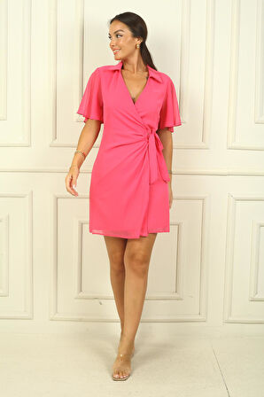 Kadın Kruvaze Polo Yaka Astarlı Beli Toka Detaylı Bağcıklı Şifon Elbise