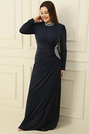 Yakası Ve Yanı Taşlı Astarlı Büzgülü Kristal Uzun Büyük Beden Tesettür Elbise