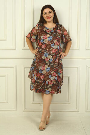 Kadın Yuvarlak Yaka Kısa Kollu Astarlı Çift Katlı Çiçekli Büyük Beden Şifon Elbise