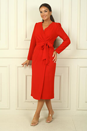 Kadın Kruvaze Yaka Kollu Beli Kuşaklı Astarlı Krep Elbise