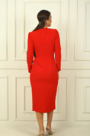 Kadın Kruvaze Yaka Kollu Beli Kuşaklı Astarlı Krep Elbise