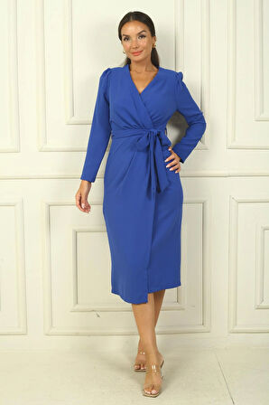 Kadın Kruvaze Yaka Kollu Beli Kuşaklı Astarlı Krep Elbise