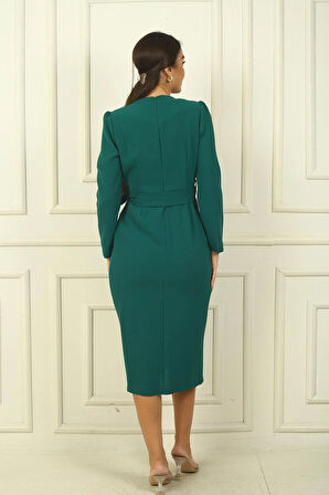 Kadın Kruvaze Yaka Kollu Beli Kuşaklı Astarlı Krep Elbise