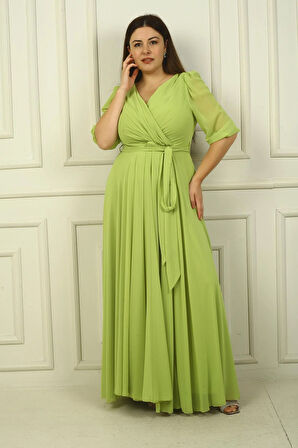 Kadın Kruvaze Yaka Kollu Beli Kuşaklı Astarlı Yırtmaçlı Büyük Beden Uzun Şifon Elbise