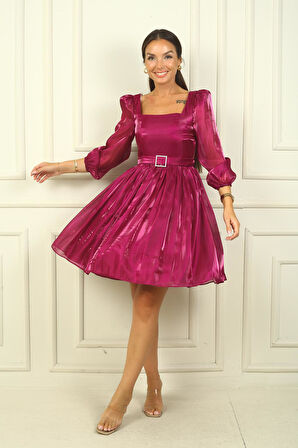 Kadın Kare Yaka Uzun Kollu Beli Kemerli Pileli Organze Kısa Elbise