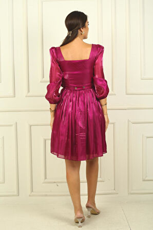 Kadın Kare Yaka Uzun Kollu Beli Kemerli Pileli Organze Kısa Elbise