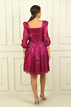 Kadın Kare Yaka Uzun Kollu Beli Kemerli Pileli Organze Kısa Elbise