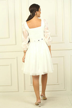 Kadın Kare Yaka Uzun Kollu Beli Kemerli Pileli Organze Kısa Elbise