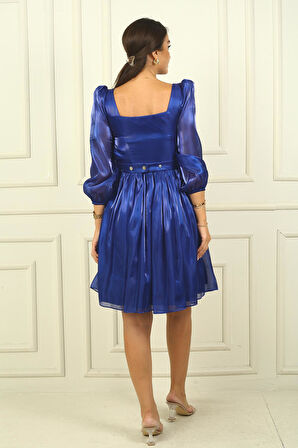 Kadın Kare Yaka Uzun Kollu Beli Kemerli Pileli Organze Kısa Elbise