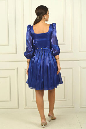 Kadın Kare Yaka Uzun Kollu Beli Kemerli Pileli Organze Kısa Elbise