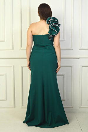 Tek Marul Omuzlu Astarlı Parlak Taş Detaylı Krep Balık Abiye Elbise