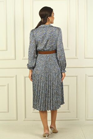 Kadın Beli Kemerli Astarlı Leopar Desenli Pileli Saten Elbise