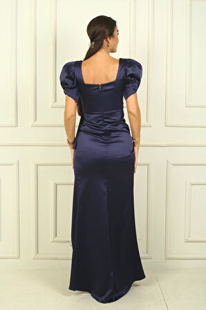 Kare Yaka Karpuz Kol Önü Drapeli Saten Uzun Kalem Elbise