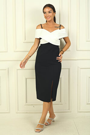 Çizgi İp Askılı Çapraz Yaka Çift Renk Double Kumaş Abiye Elbise