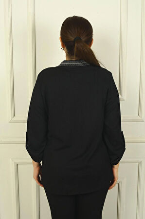 Kadın Kol Katlamalı Yaka Ve Cebi Şeritli Büyük Beden Gofre Gömlek