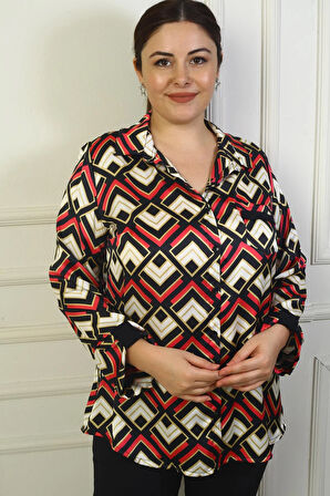 Kadın Tek Cepli Geometrik Desenli Büyük Beden Saten Gömlek