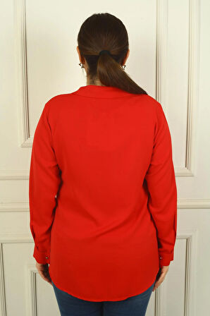 Kadın Kol Katlamalı Taş Detaylı Krep Saten Büyük Beden Gömlek