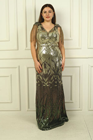 Kolları Boncuk Püsküllü Astarlı B.B Pulpayet Uzun Abiye Elbise