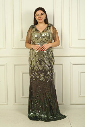 Kolları Boncuk Püsküllü Astarlı B.B Pulpayet Uzun Abiye Elbise