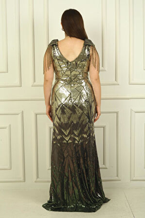 Kolları Boncuk Püsküllü Astarlı B.B Pulpayet Uzun Abiye Elbise