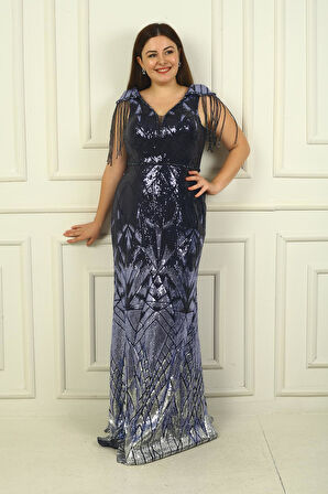 Kolları Boncuk Püsküllü Astarlı B.B Pulpayet Uzun Abiye Elbise