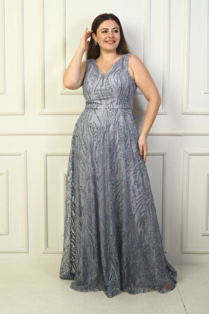 Kadın Kalın Askılı Astarlı Taşlı Tül Büyük Beden Uzun Abiye Elbise