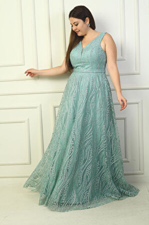 Kadın Kalın Askılı Astarlı Taşlı Tül Büyük Beden Uzun Abiye Elbise