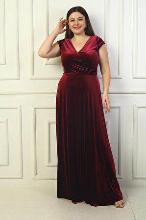 Kadın Ön Arka V Yaka Yanı Büzgülü Yarım Ay Kollu Büyük Beden Uzun Kadife Elbise