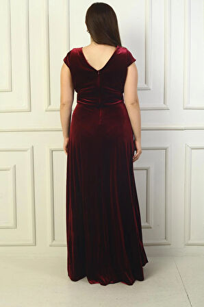 Kadın Ön Arka V Yaka Yanı Büzgülü Yarım Ay Kollu Büyük Beden Uzun Kadife Elbise