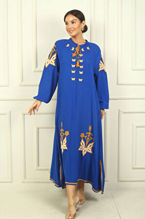 Kadın Yaka Bağcıklı Kelebek Nakışlı Kol Uçları Lastikli Rahat Kalıp Uzun Viskon Elbise