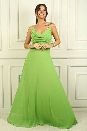 Kadın İp Askılı Drapeli Astarlı Şifon Uzun Elbise