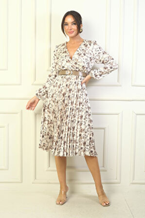 Kadın Kruvaze Yaka Beli Kemerli Astarlı Eteği Piliseli Çiçekli Saten Elbise