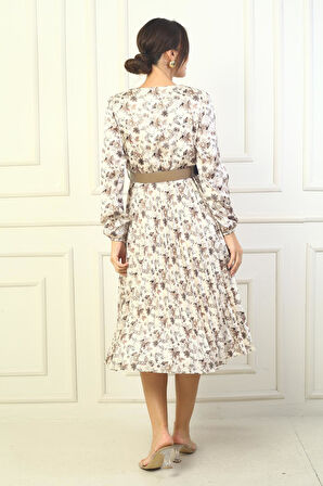 Kadın Kruvaze Yaka Beli Kemerli Astarlı Eteği Piliseli Çiçekli Saten Elbise