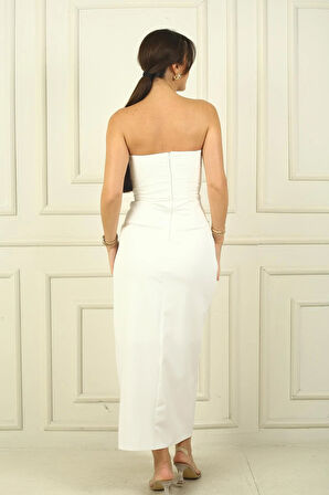 Kadın Straplez Önü Drapeli Krep Saten Araboy Elbise