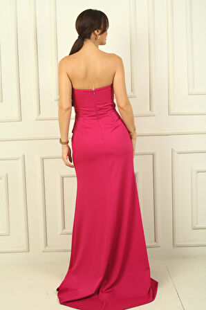 Kadın Straplez Ön Roba Büzgü Etek Kruvaze Yırtmaçlı Elbise