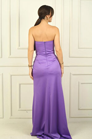 Kadın Straplez Ön Roba Büzgü Etek Kruvaze Yırtmaçlı Elbise