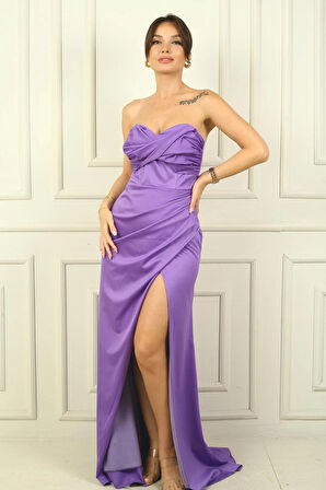 Kadın Straplez Ön Roba Büzgü Etek Kruvaze Yırtmaçlı Elbise