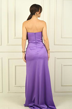 Kadın Straplez Ön Roba Büzgü Etek Kruvaze Yırtmaçlı Elbise