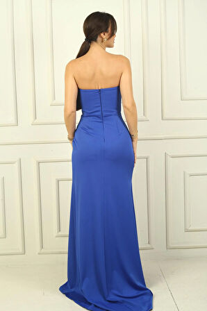 Kadın Straplez Ön Roba Büzgü Etek Kruvaze Yırtmaçlı Elbise