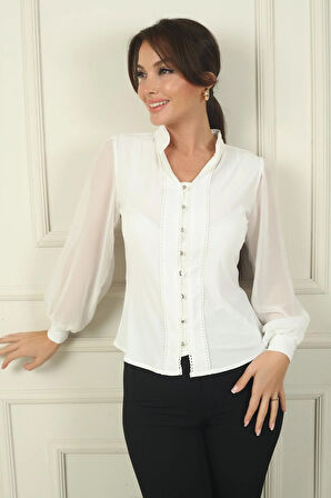 Kadın Önü Düğmeli Kolları Tül Hakim Yaka Gömlek
